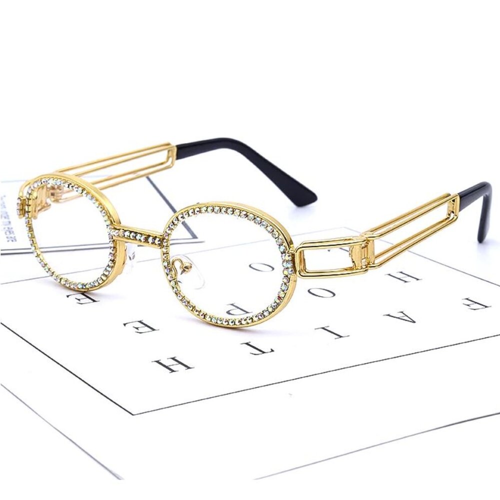Oval Clear Lens Diamond Men‎ Sunglasses Gold Frame Hip Hop Style Migos Classic
